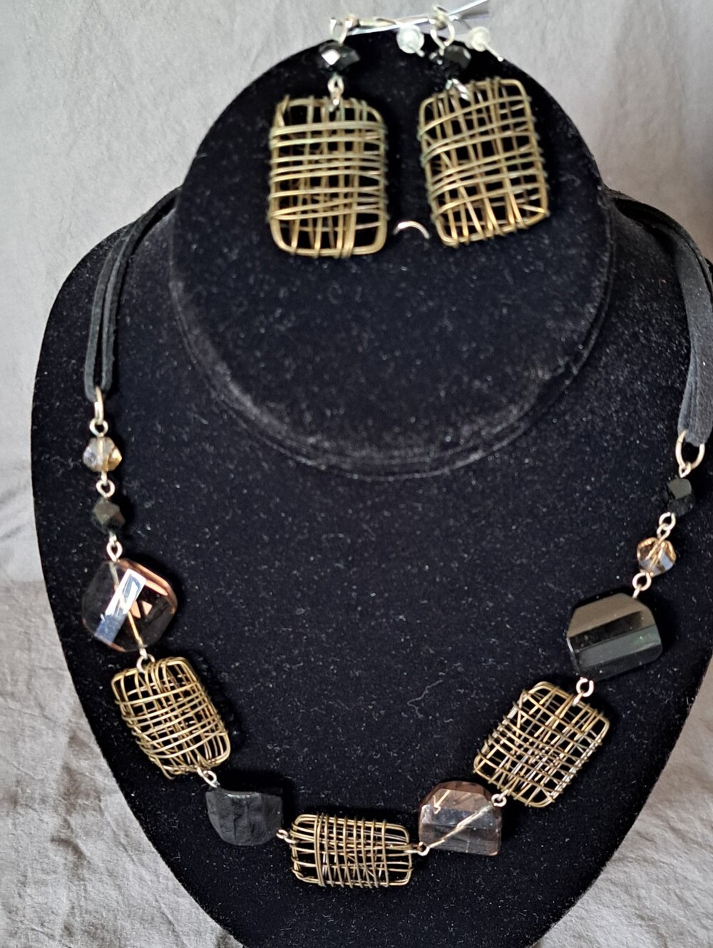 Antique Copper Wire & Black Bead Necklace with Matching Earrings - Women Jewelry